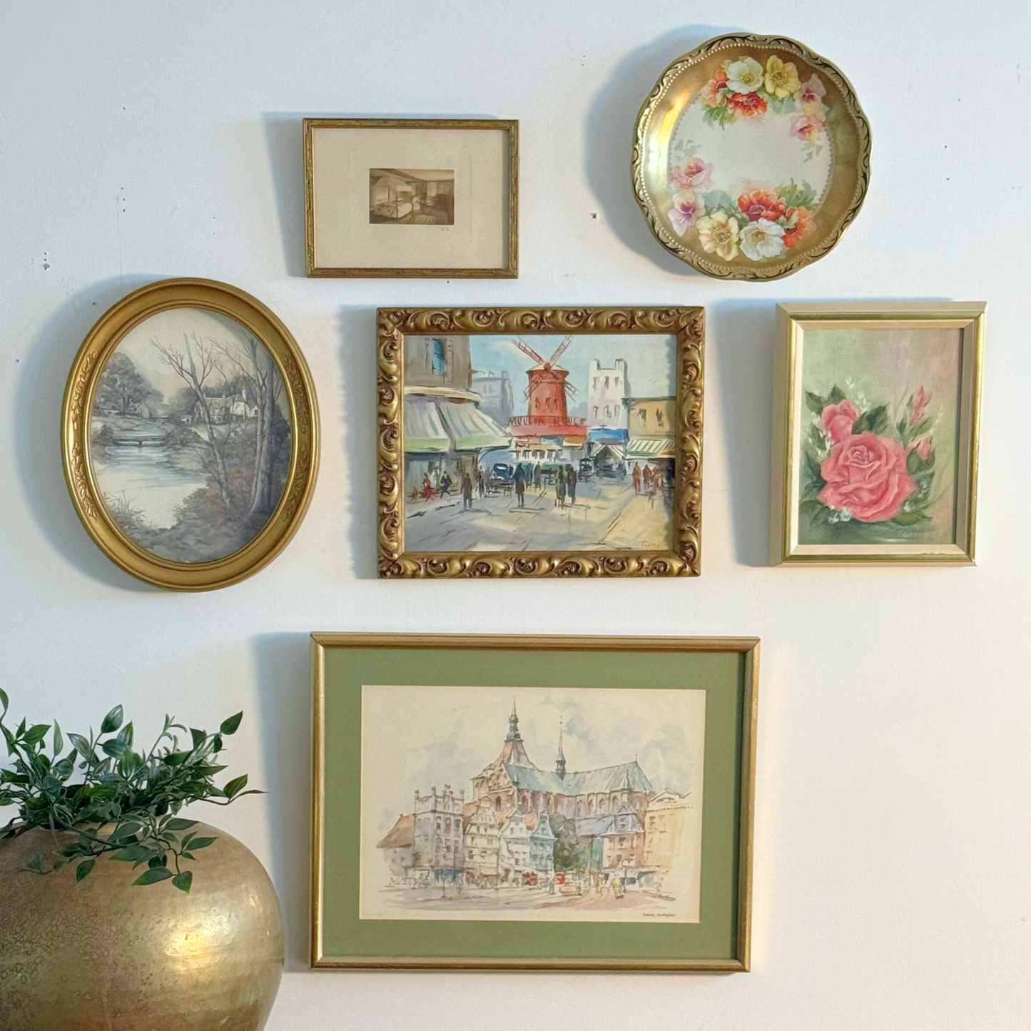Romantic European Vintage Gallery Wall - Signed Paintings & Gilded Frames 36" x 36"