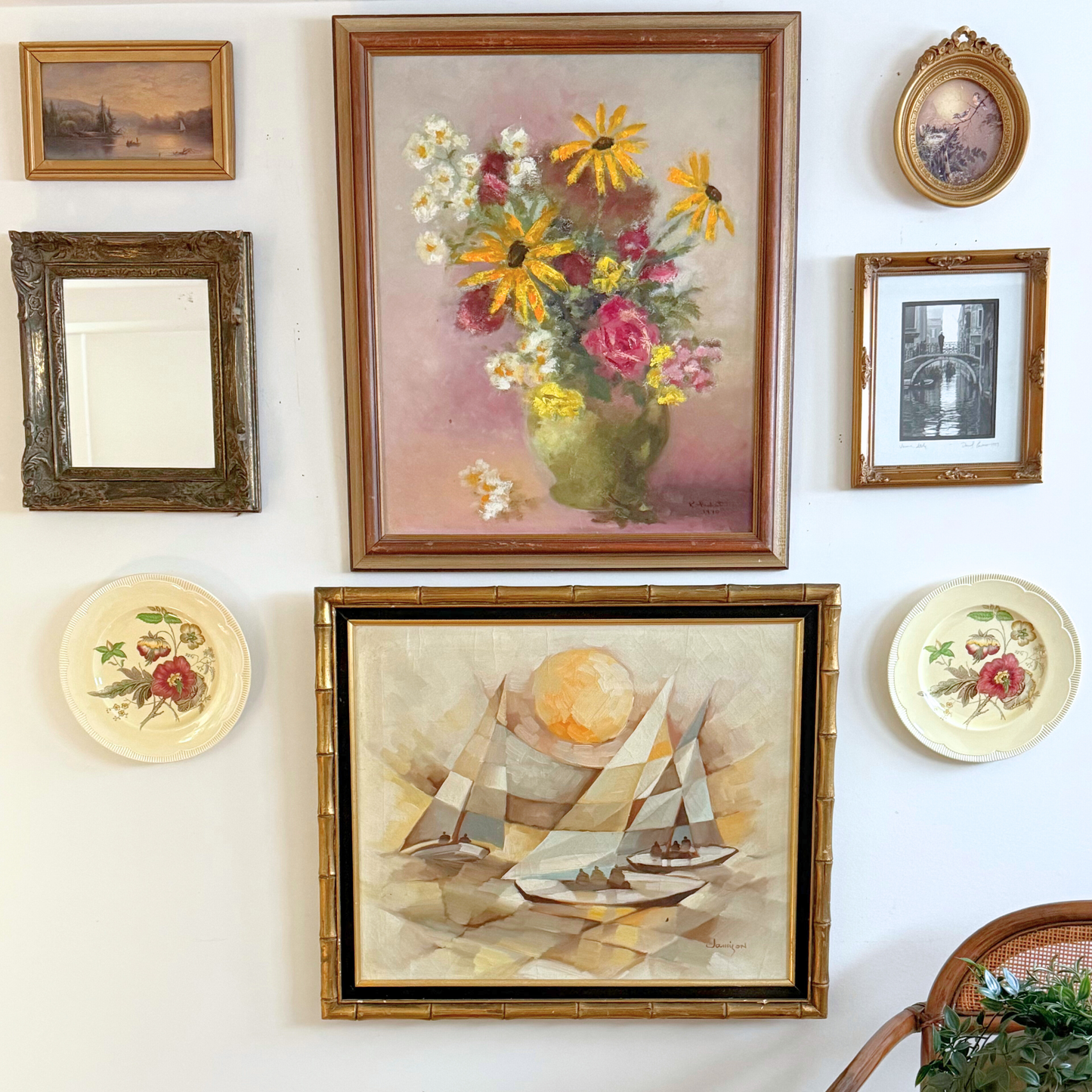 Sunset Seaside Vintage Gallery Wall - Large Paintings & Wood-Framed Mirror 65" x 60"