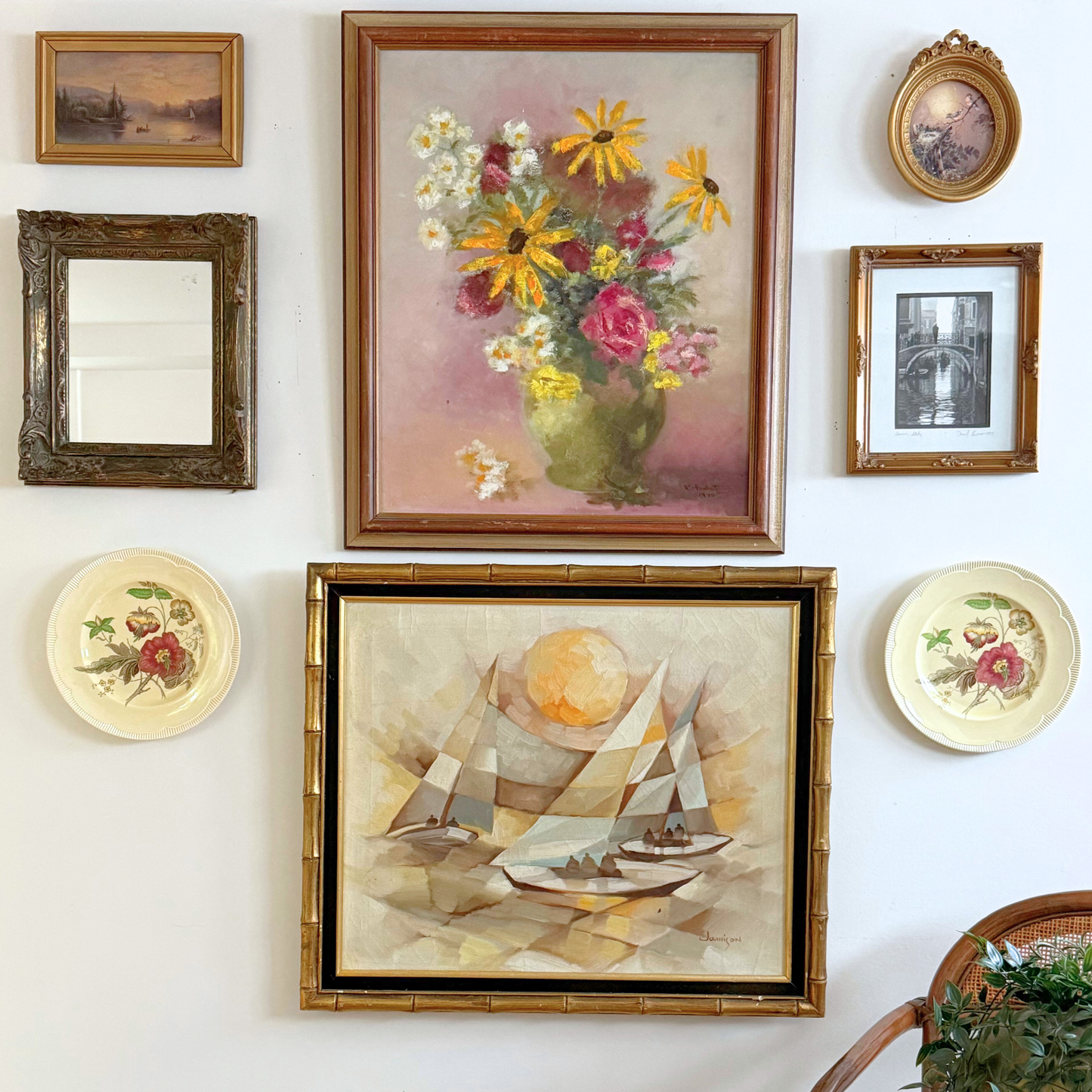 Sunset Seaside Vintage Gallery Wall - Large Paintings & Wood-Framed Mirror 65" x 60"