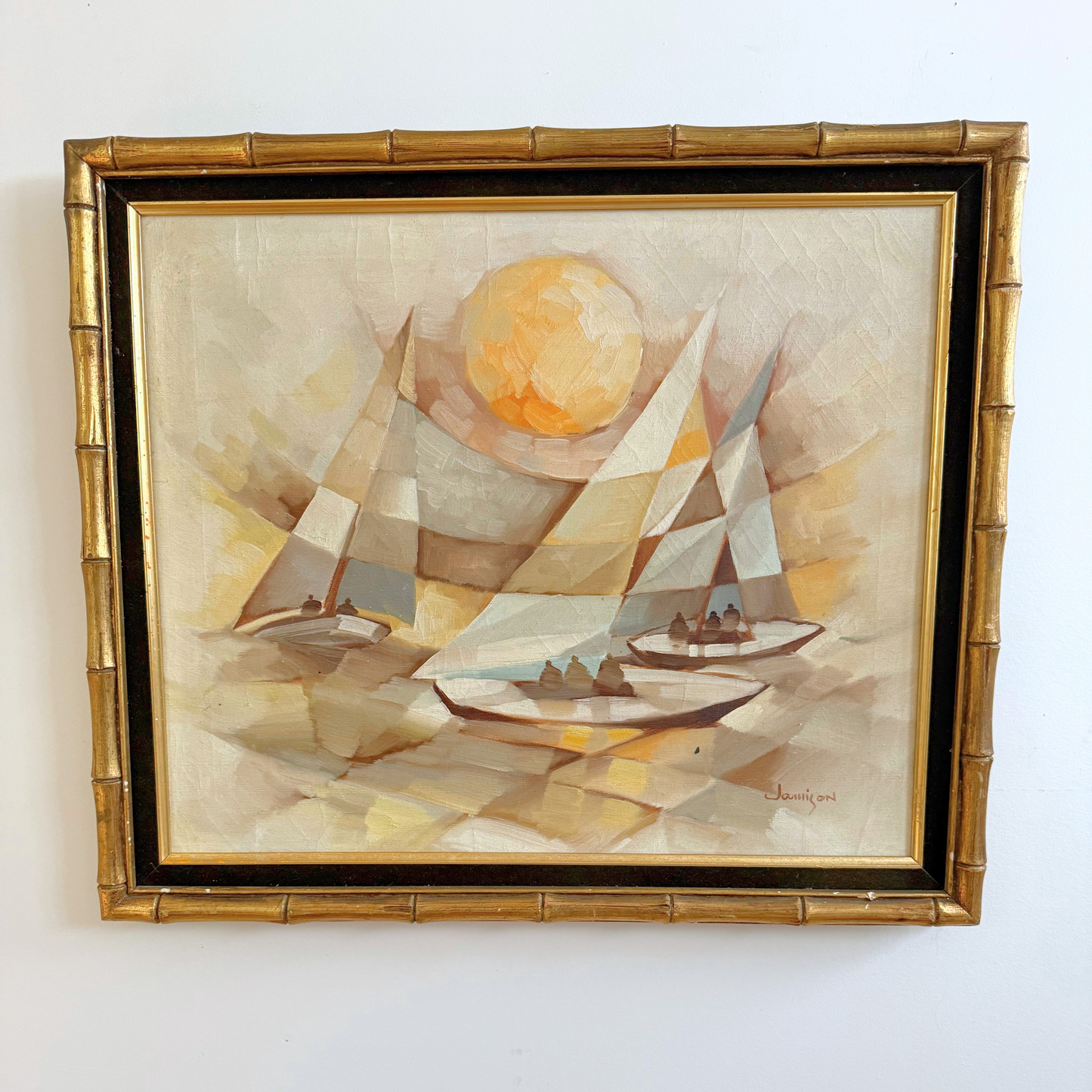 Sunset Seaside Vintage Gallery Wall - Large Paintings & Wood-Framed Mirror 65" x 60"