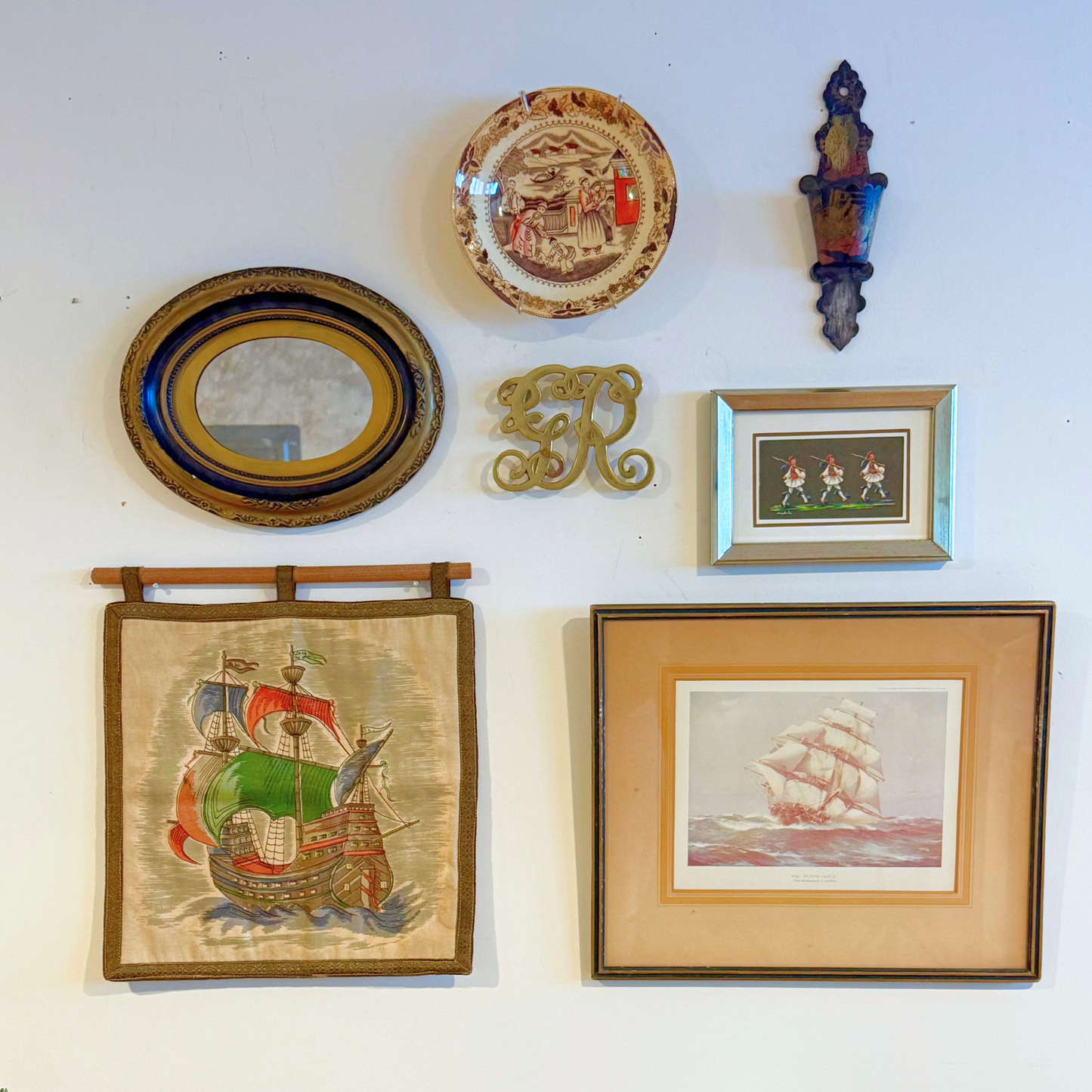 Nautical Coastal Vintage Gallery Wall - Wall Tapestry & Brass Detail 32" x 32