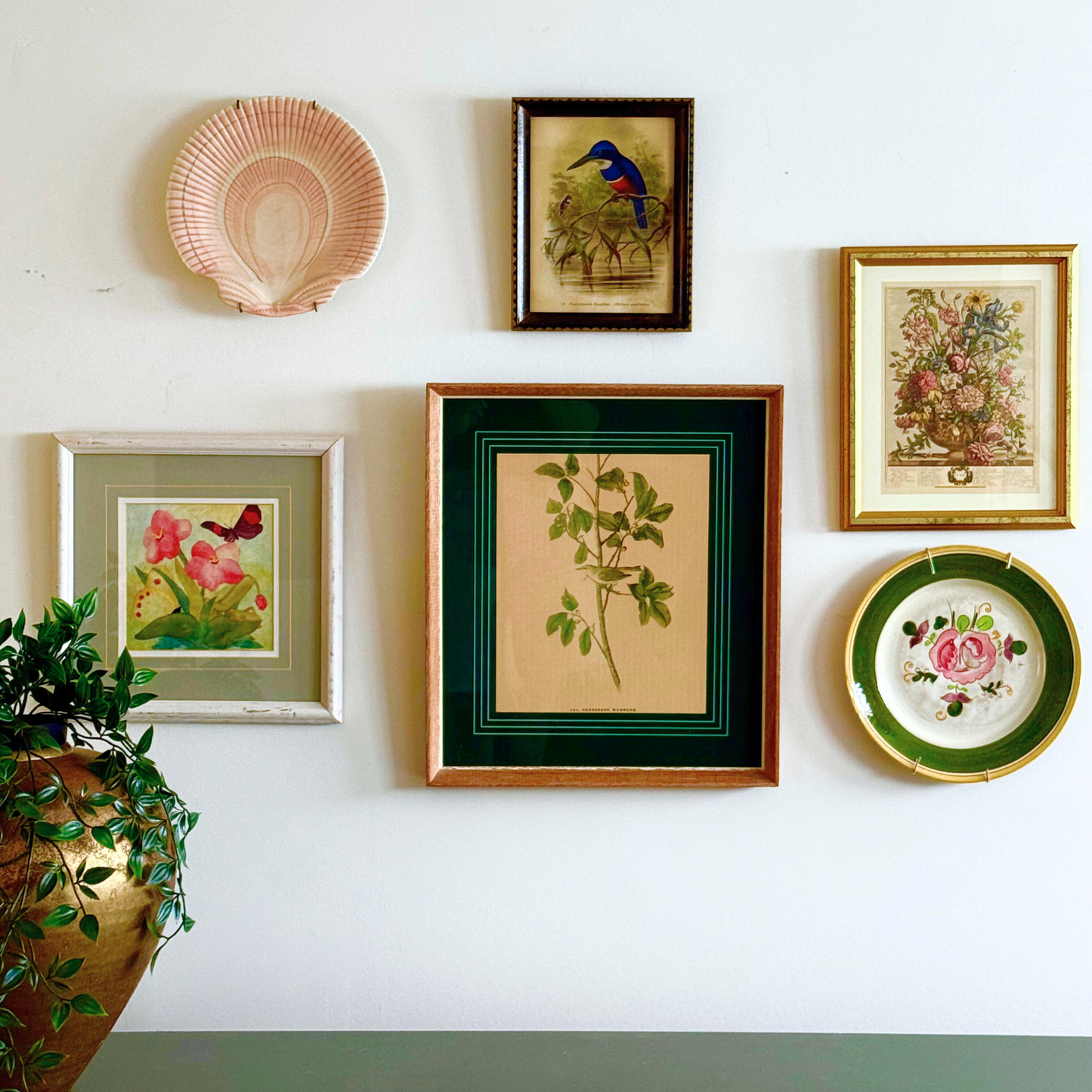 Blooms, Birds and Butterflies Vintage Gallery Wall - Signed Prints & Painted Plates 42" x 30"