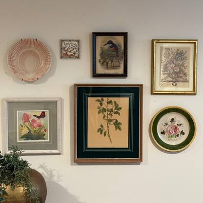 Blooms, Birds and Butterflies Vintage Gallery Wall - Signed Prints & Painted Plates 42" x 30"