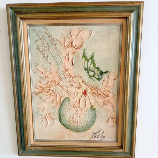 European Cottage Botanical Landscape Vintage Gallery Wall - Silk Painting & Floral Pottery 36" x 42"
