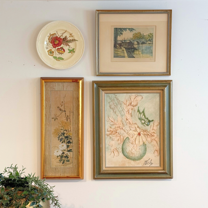 European Cottage Botanical Landscape Vintage Gallery Wall - Silk Painting & Floral Pottery 36" x 42"