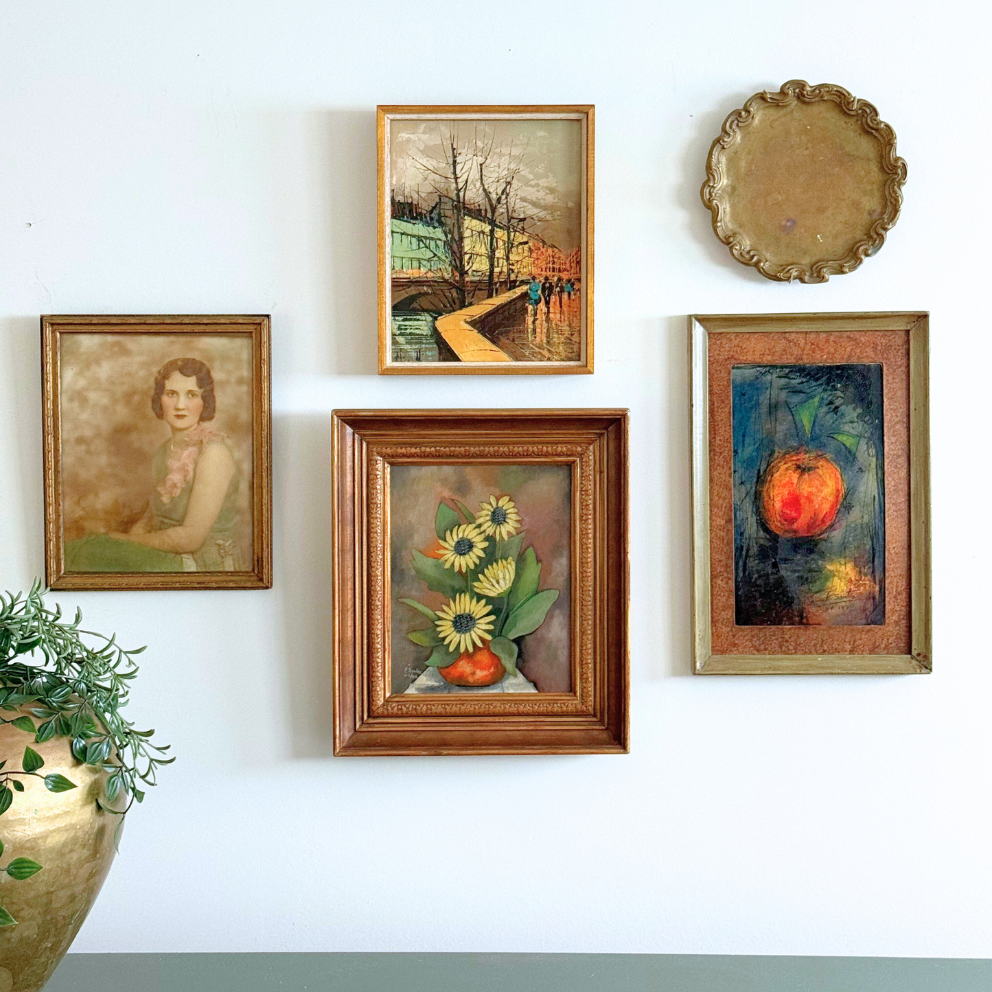 Midcentury Parisian Apartment Vintage Gallery Wall - Oil Paintings & Brass Accent 36" x 32"