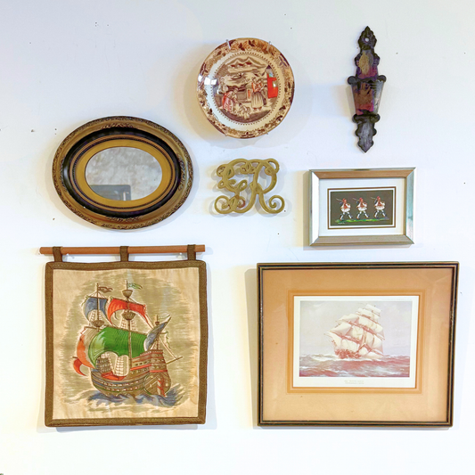 Nautical Coastal Vintage Gallery Wall - Wall Tapestry & Brass Detail 32" x 32