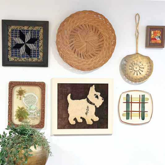 Rustic Cottagecore Vintage Gallery Wall - Brass, Basket, & Folk Art 48" x 38"