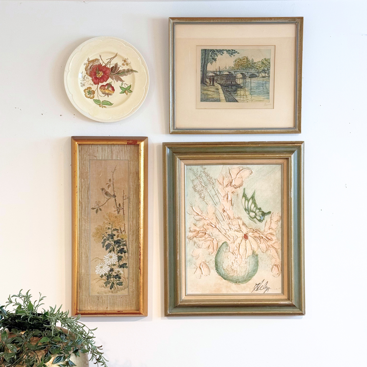 European Cottage Botanical Landscape Vintage Gallery Wall - Silk Painting & Floral Pottery 36" x 42"