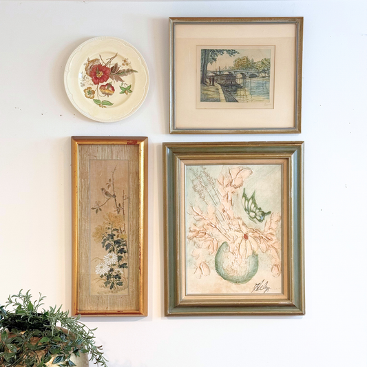 European Cottage Botanical Landscape Vintage Gallery Wall - Silk Painting & Floral Pottery 36" x 42"