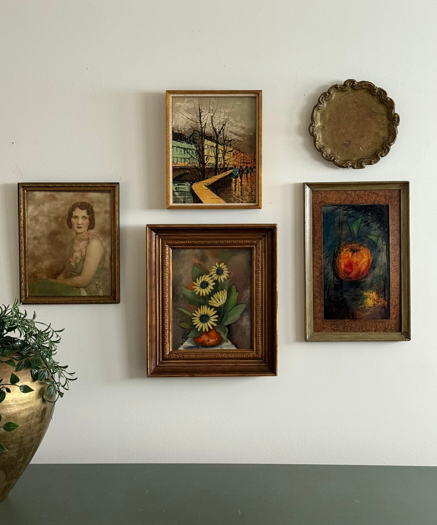 Midcentury Parisian Apartment Vintage Gallery Wall - Oil Paintings & Brass Accent