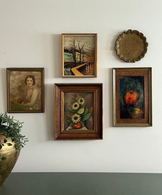 Midcentury Parisian Apartment Vintage Gallery Wall - Oil Paintings & Brass Accent
