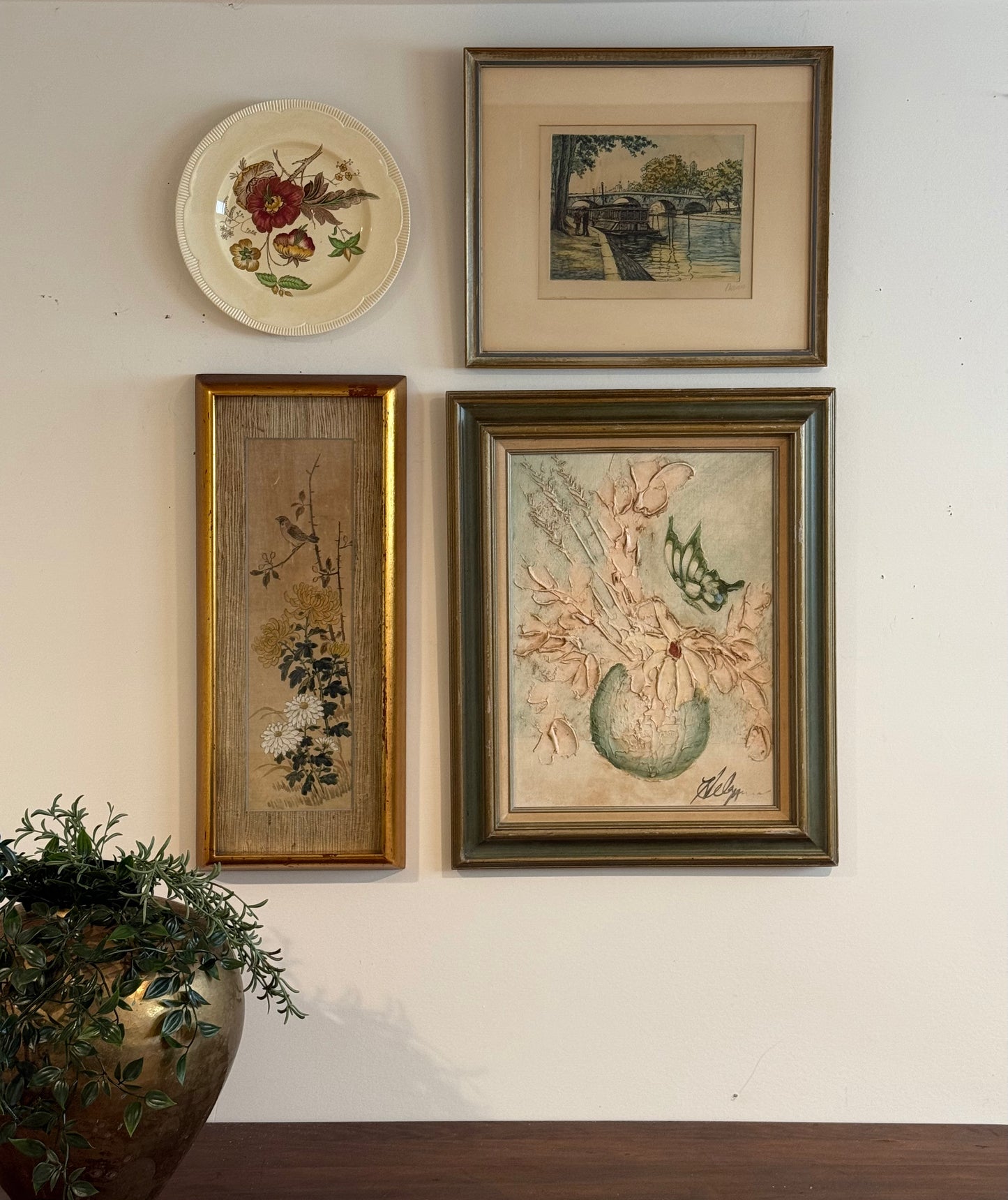 European Cottage Botanical Landscape Vintage Gallery Wall - Silk Painting & Floral Pottery