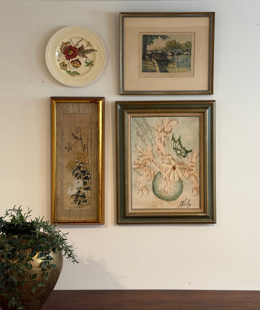 European Cottage Botanical Landscape Vintage Gallery Wall - Silk Painting & Floral Pottery
